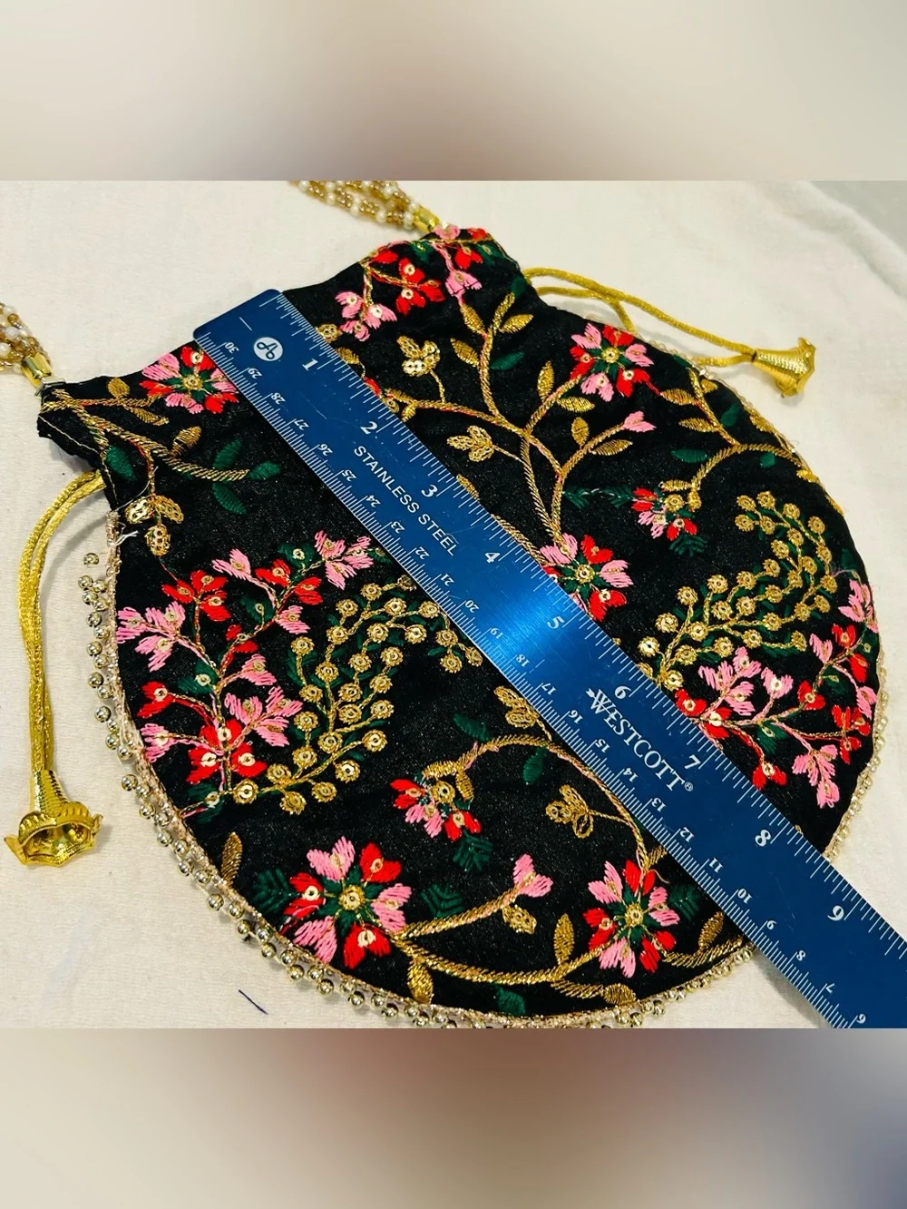 Embroidered Black Floral Design Beaded Potli Bag Prom Wedding Guest Purse